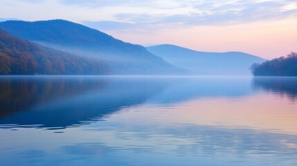 Fototapeta premium Serene mist-covered lake with mountains and a reflection of the sky at dawn.