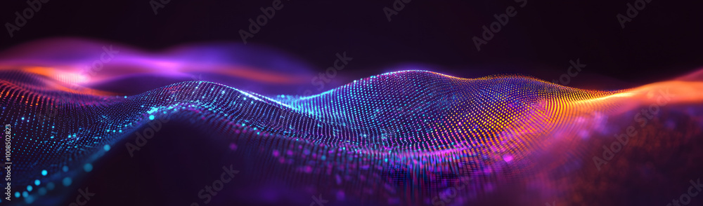Poster big data visualization. the musical stream of sounds. abstract background with interweaving of dots 