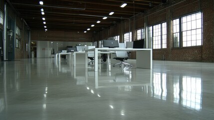 Inside a spacious office with modern desks, computers, and ergonomic chairs, ready for a productive day