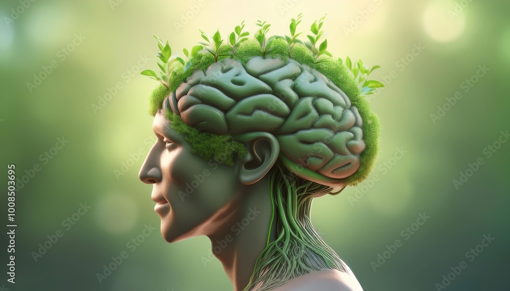 Poster a surreal depiction of a person's head with a brain covered in greenery, symbolizing the connection 