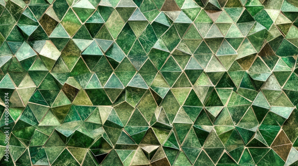 Poster an intricate pattern of tiny, overlapping triangles in shades of green and brown, forming a larger, 