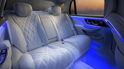 Fototapeta premium Inside view of a luxury SUV with premium leather seats, ambient lighting, and high-tech dashboard features