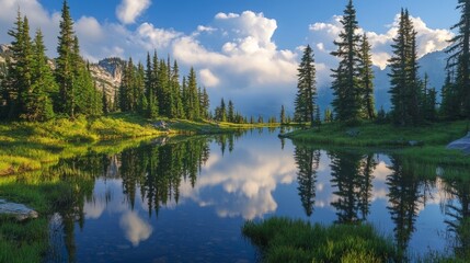 Serene mountain lake with lush green forest reflecting in the still water, under a cloudy sky.
