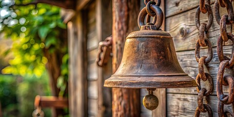 A weathered bell hangs from a rusty chain on a wooden structure, a gentle reminder of time's passage and the echoes of the past.