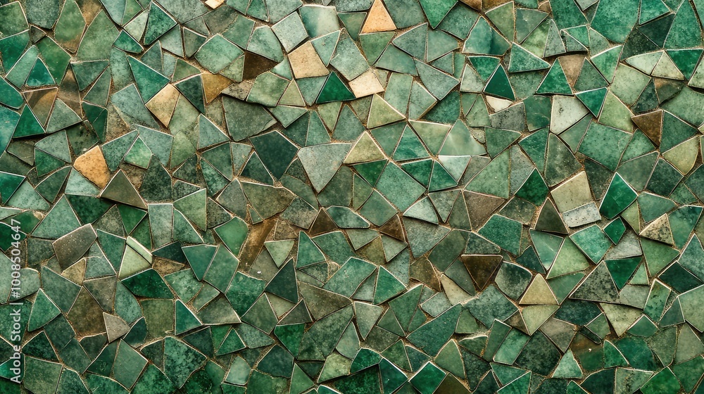 Poster an intricate pattern of tiny, overlapping triangles in shades of green and brown, forming a larger, 