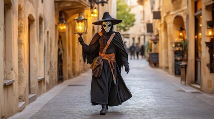 A lamplighter wearing a plague doctor mask walks through a historic street holding a lantern.