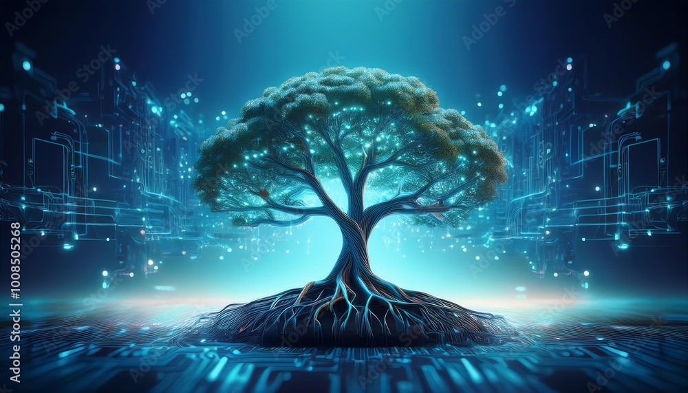Aufkleber a glowing tree intertwined with digital circuits, symbolizing the blend of nature and technology in 
