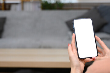 Close up shot woman holding smartphone with blank screen on living room in the background