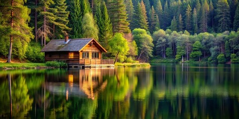 A tranquil wooden cabin nestled on the shore of a serene lake, surrounded by a vibrant tapestry of evergreen trees, reflecting the warm glow of the setting sun in the still water.