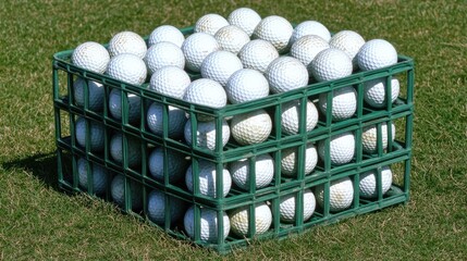 Multiple golf balls neatly organized in a driving range basket, ready for a practice session