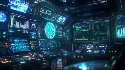 Obraz premium A high-resolution image showing holographic elements like data charts, graphs, and technical indicators floating in 3D space.