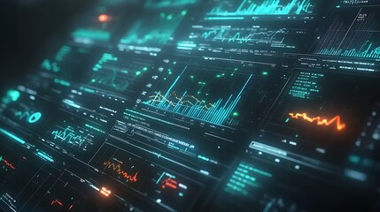 Fototapeta premium A high-resolution image showing holographic elements like data charts, graphs, and technical indicators floating in 3D space.