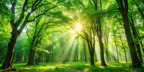 Obraz premium Sunlight filtering through a verdant canopy of trees, casting a soft glow on the forest floor, creating a tranquil and enchanting atmosphere.