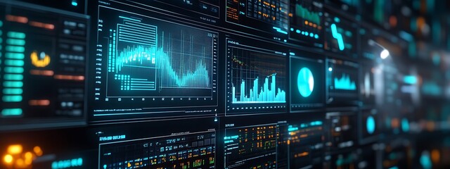Obraz premium A high-resolution image showing holographic elements like data charts, graphs, and technical indicators floating in 3D space.