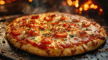 a mouthwatering pizza topped with bubbling cheese and fresh toppings showcasing gourmet presentation and inviting textures illuminated in warm appetizing lighting that draws the viewer in