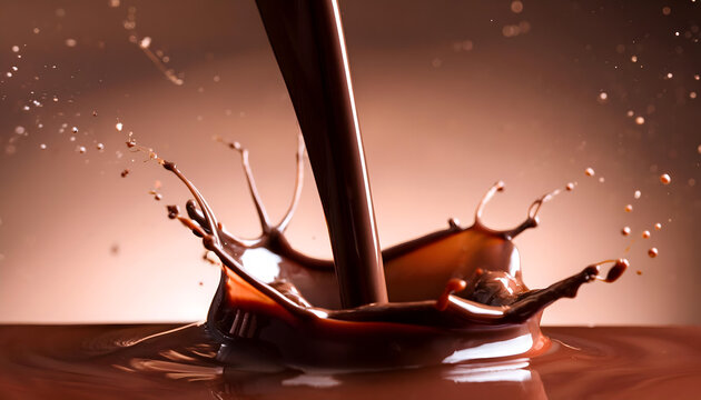 Detail of pouring hot chocolate with splash. Studio macro shot on black background.