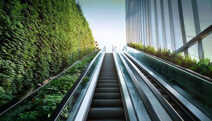 Fototapeta premium A modern escalator ascends alongside a lush green wall, leading towards bright light, symbolizing progress and nature's integration into urban life.