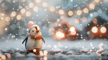 Obraz premium A whimsical illustration of a penguin wearing a scarf and hat in a snowy village.