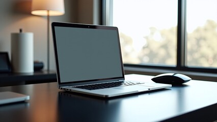 Fototapeta premium A sleek laptop sits on a minimalist desk alongside a smartphone and plants, with large windows revealing a vibrant cityscape in daylight.