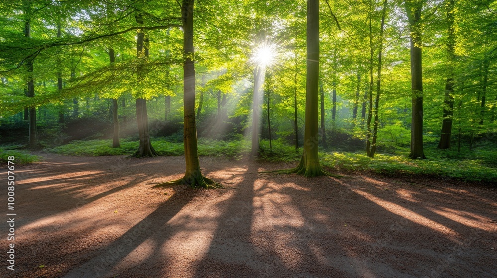 Poster sunlight streaming through the trees in a dense forest, casting long shadows on the ground
