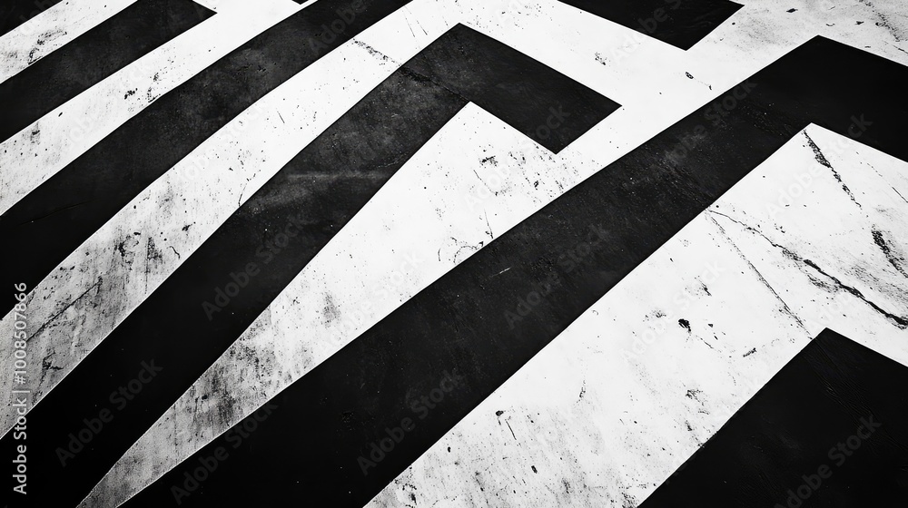 Poster bold, angular shapes in black and white, forming a striking, zigzag pattern that creates a sense of 