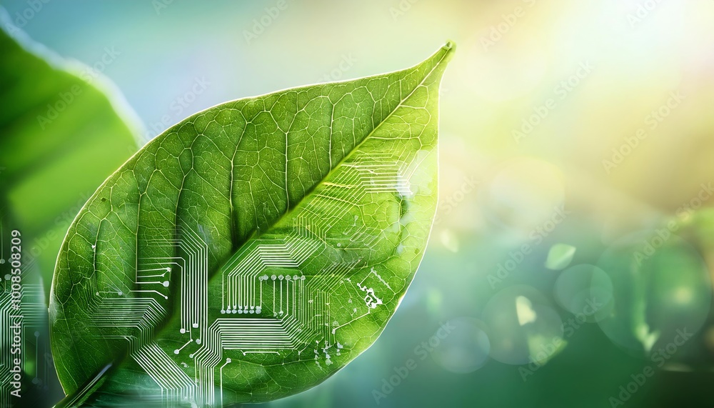 Poster a green leaf with a circuit board pattern symbolizes the fusion of nature and technology, highlighti