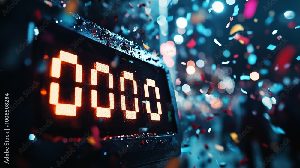 Poster a digital clock shows the time as midnight, accompanied by colorful confetti cascading through the a