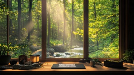 Fototapeta premium A tranquil meditation space with a desk featuring zen garden elements, a window view of a serene forest with a gentle stream, and the calming sounds of nature mixed with lo-fi music.