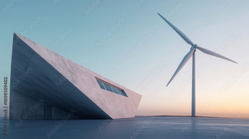 Poster angular wind turbine next to abstract structure