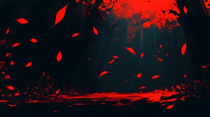 A mesmerizing dark forest with vivid red leaves swirling in the air.