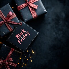Black Friday Banner with Bold Handwriting Text on Price Tag and Black Gift Boxes on Dark Background for Sales Promotion