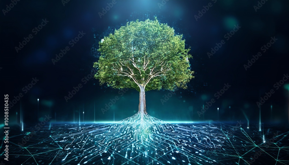 Poster a glowing tree surrounded by digital particles symbolizes the connection between nature and technolo