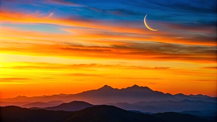Fototapeta premium A solitary crescent moon hangs high above a fiery sunset, casting long shadows over the layered silhouette of distant mountains.