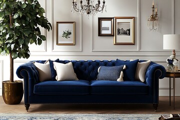 Elegant blue sofa in a stylish living room setting.