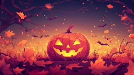 Whimsical Halloween Pumpkin and Bat Filled Autumn Night Sky Background