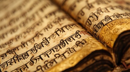 A close-up of a manuscript with handwritten Sanskrit verses dedicated to Krishna