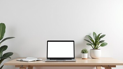 Obraz premium A tidy workspace showcases a laptop on a wooden desk, accompanied by a small plant, a notebook, and a cup, creating a calm and productive atmosphere.