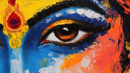 A close-up of a painting blending Krishna with modern abstract art, using bold strokes and vivid colors