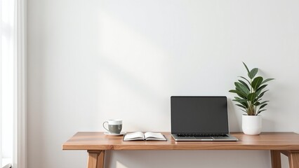 A tidy workspace showcases a laptop on a wooden desk, accompanied by a small plant, a notebook, and a cup, creating a calm and productive atmosphere.