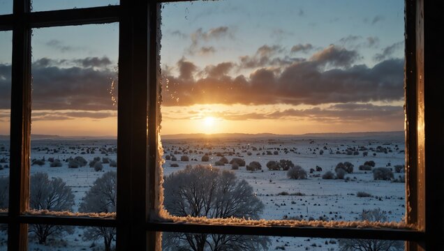 Fototapeta Sunrise over a snowy landscape, seen through a frosty window with metal bars.