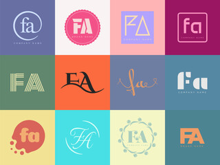 FA logo company template. Letter f and a logotype. Set different classic serif lettering and modern bold text with design elements. Initial font typography.