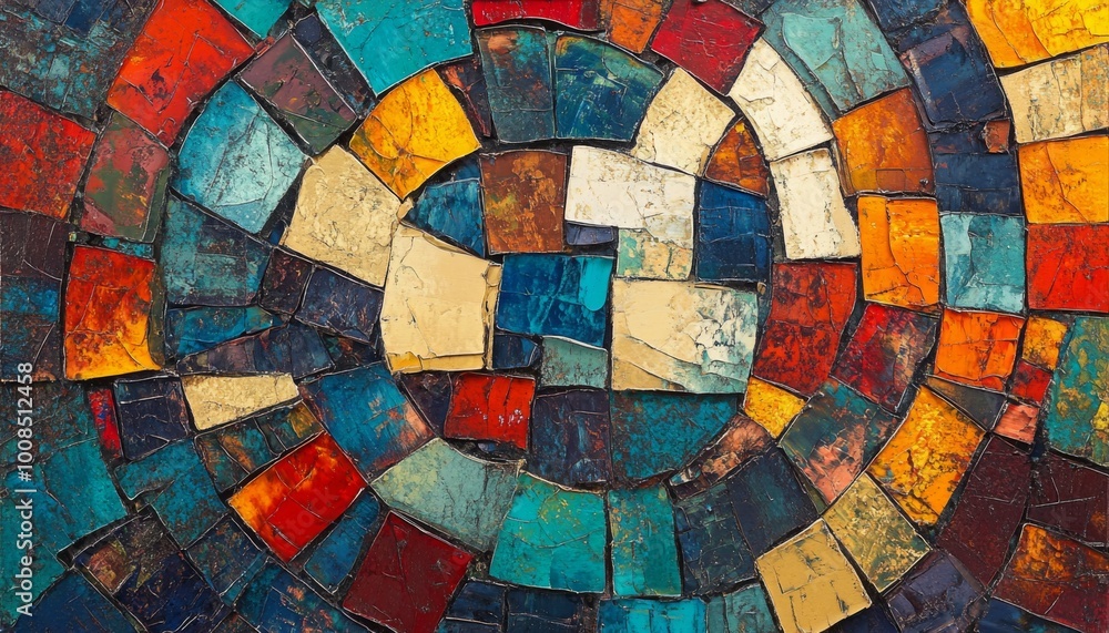 Poster a close-up of a colorful mosaic wall with a circular pattern in the center.
