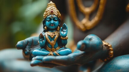 A close-up of a yoga practitioner holding a pose with a small Krishna idol placed nearby, symbolizing devotion through practice