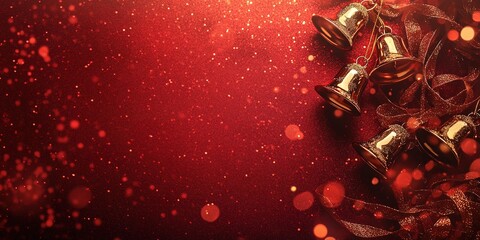 Golden Christmas bells, glittering ribbon, and festive lights on a red background with  confetti