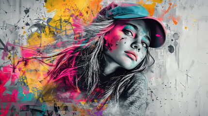 portrait of a girl with painted face on a gray wall graffiti-style