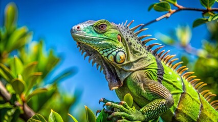 Fototapeta premium A Vibrant Green Iguana With Spiky Back Perched On A Branch Against A Bright Blue Sky
