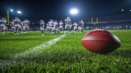 A football is struck with precision on a lush green field as players move in the background, illuminated by bright stadium lights during a nighttime game