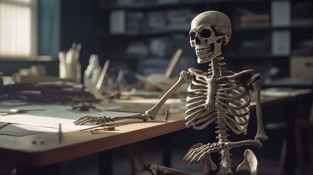 A detailed skeleton model sits on a desk surrounded by various art supplies, showcasing its educational use in a creative workshop set in a bright classroom. Generative AI