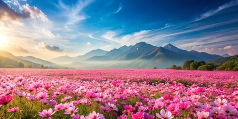 Fototapeta premium A serene landscape of vibrant pink blossoms amidst a breathtaking mountain range, kissed by the golden light of a setting sun and adorned with a canvas of fluffy clouds.