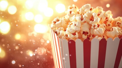 Deliciously popped popcorn in a striped box with a festive blurred background, ideal for movie or carnival themes. Realistic, highly detailed